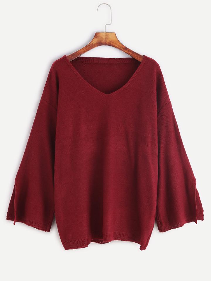 Romwe Burgundy V Neck Dropped Shoulder Seam Slit Sleeve Sweater