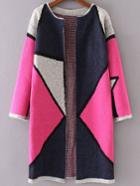 Romwe Hot Pink Color Block Collarless Long Cardigan
