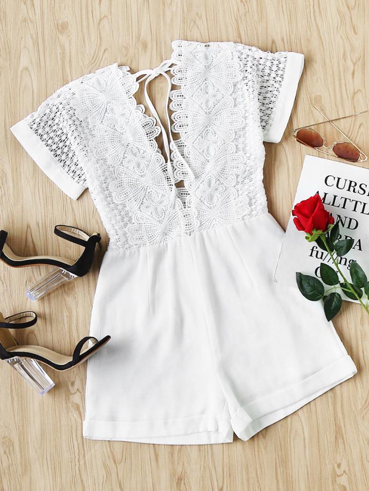 Romwe Double Plunging Neck Lace Bodice Cuffed Playsuit