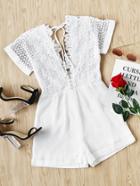 Romwe Double Plunging Neck Lace Bodice Cuffed Playsuit