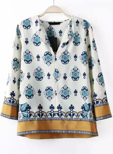 Romwe White Long Sleeve Floral Loose Blouse