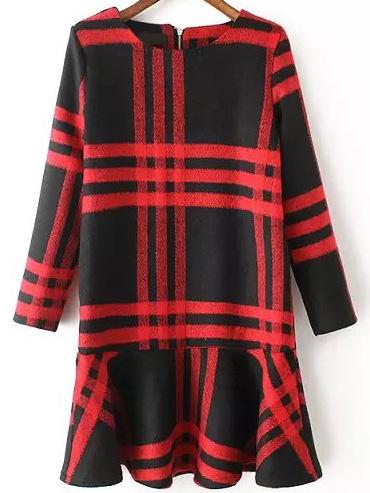Romwe Plaid Ruffle Red And Black Dress