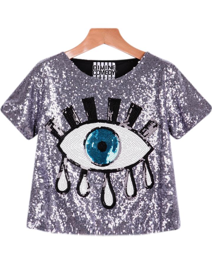 Romwe Sequined Eye Print Grey Blouse