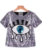 Romwe Sequined Eye Print Grey Blouse