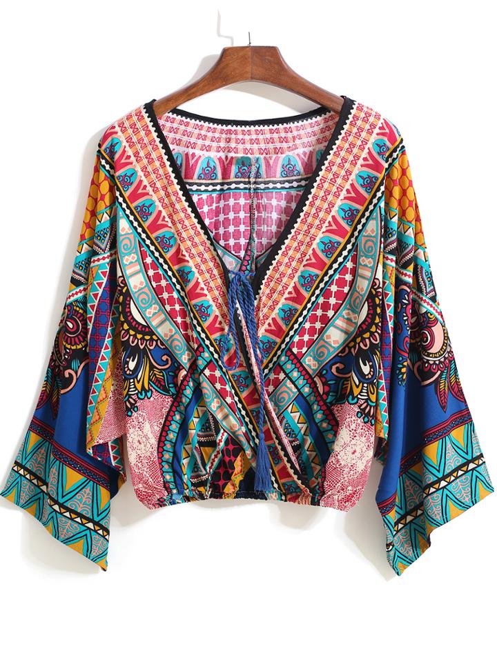 Romwe Multicolor V Neck Tribal Print Crop Blouse