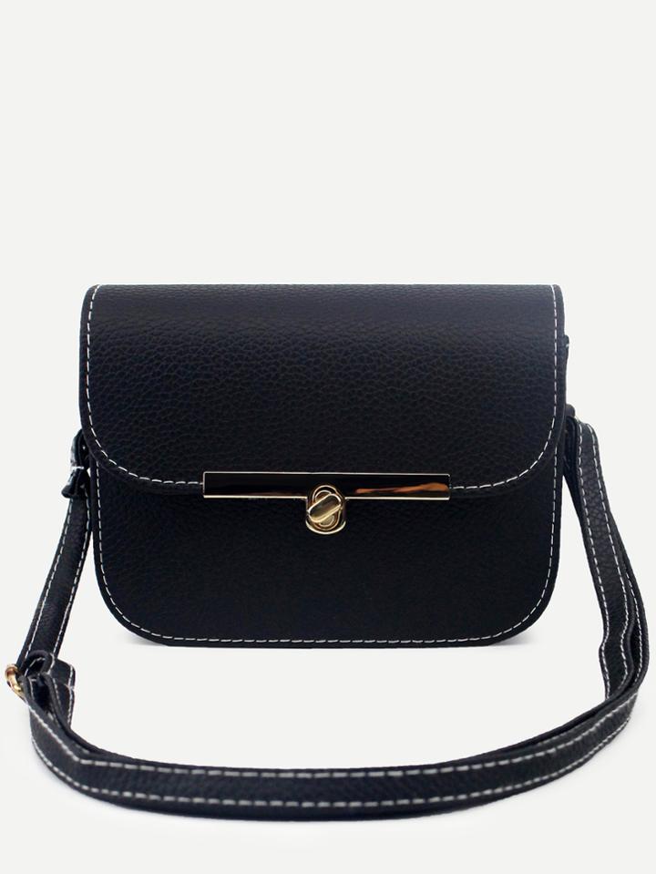 Romwe Black Pebbled Pu Flap Shoulder Bag