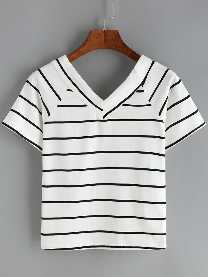 Romwe V Neck Striped White T-shirt