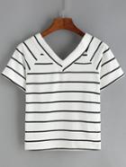 Romwe V Neck Striped White T-shirt