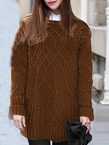 Romwe Round Neck Long Khaki Sweater
