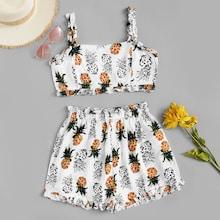Romwe Pineapple Print Knot Back Frill Trim Cami Top With Shorts