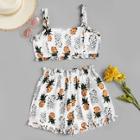 Romwe Pineapple Print Knot Back Frill Trim Cami Top With Shorts
