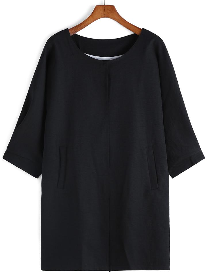 Romwe Round Neck Half Sleeve Black Coat