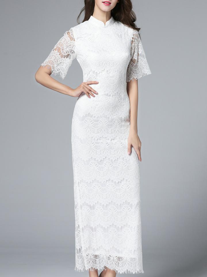 Romwe White Collar Short Sleeve Lace Dress