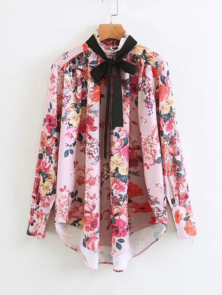 Romwe Tie Neck Dolphin Hem Floral Blouse