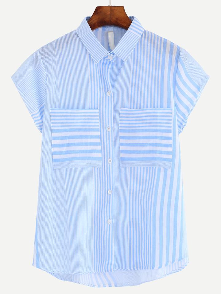 Romwe Blue Striped Pocket Dip Hem Blouse