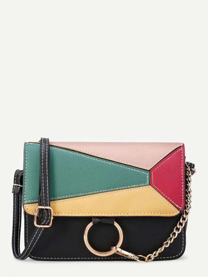 Romwe Ring Design Color Block Flap Pu Shoulder Bag