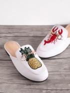 Romwe Pineapple And Shrimp Embroidery Metal Detail Loafer Mules