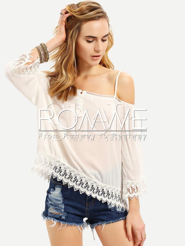 Romwe White Spaghettic Strap Crochet Lace Hem Blouse