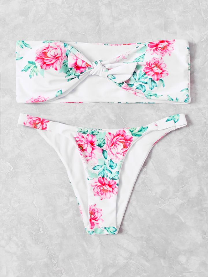 Romwe Knot Flower Print Bandeau Bikini Set