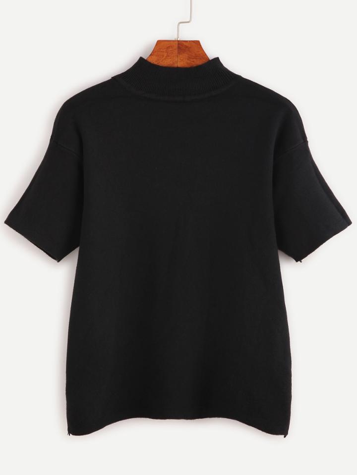 Romwe Black Mock Neck Short Sleeve Slim Sweater