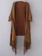 Romwe Brown Stripped Open Front Fringe Poncho Sweater