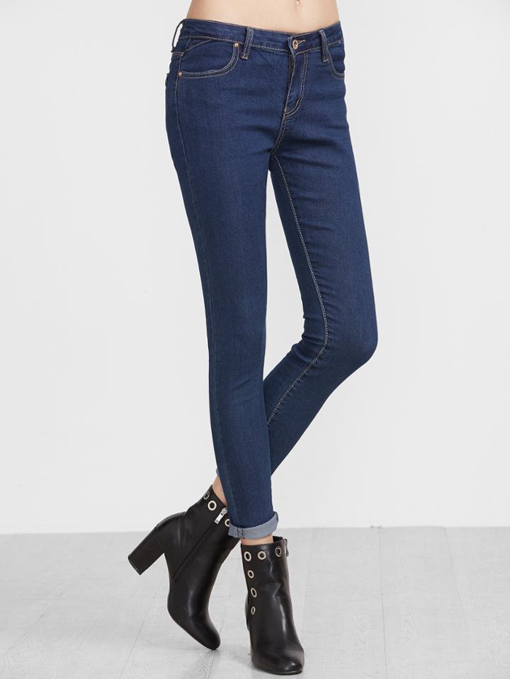 Romwe Blue Rolled Hem Skinny Jeans