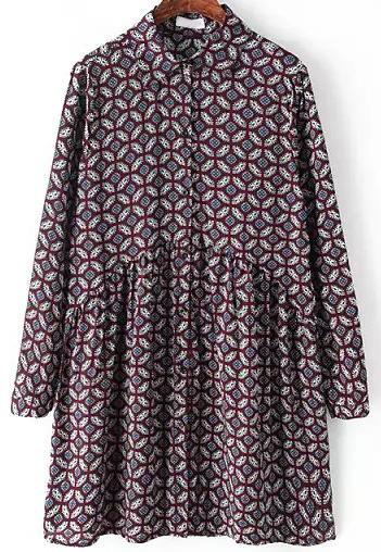 Romwe Vintage Geometric Print Purplish Red Dress