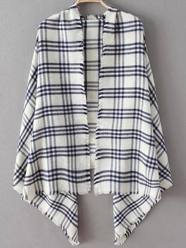 Romwe Plaid Fringe Blue White Scarf