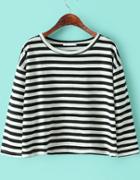 Romwe Round Neck Striped Loose Black And White T-shirt