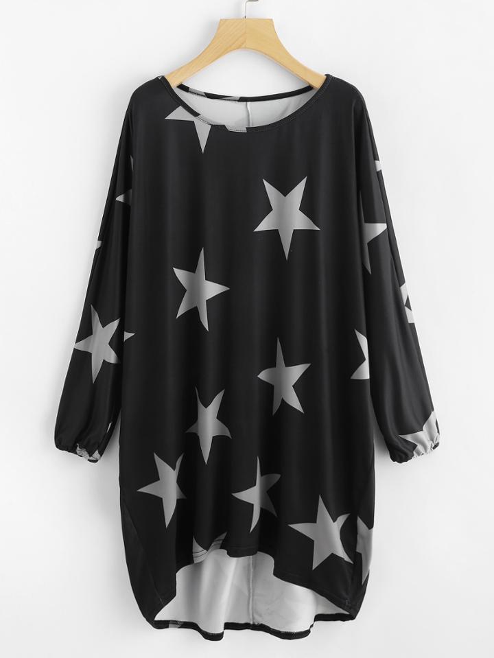 Romwe Random Stars Print Dip Hem Cocoon Dress