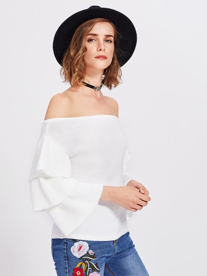 Romwe Layered Ruffle Sleeve Bardot Jumper