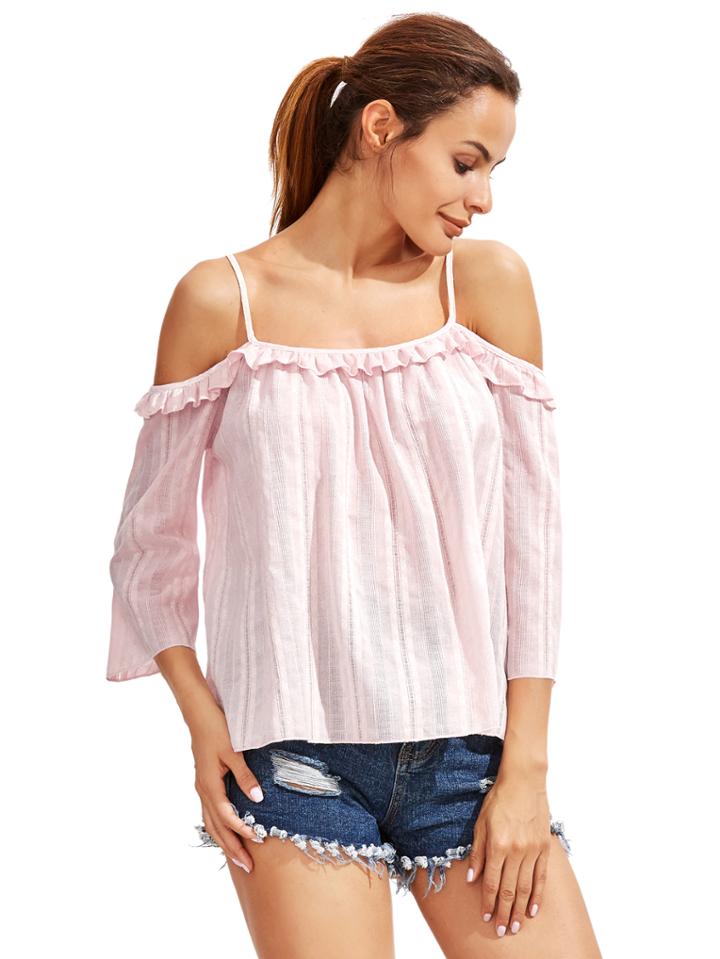 Romwe Pink Blue Cold Shoulder Ruffle Blouse