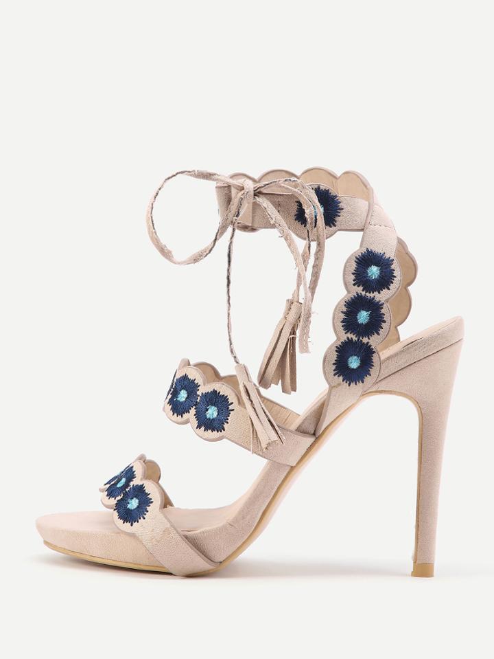 Romwe Peep Toe Embroidery High Heeled Sandals With Tassel Tie