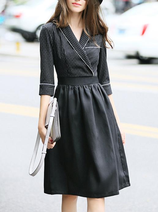 Romwe Black V Neck Striped A-line Dress