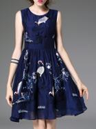 Romwe Navy Crane Embroidered A-line Dress