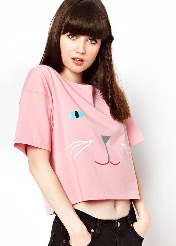 Romwe Kitty Print Crop Loose T-shirt