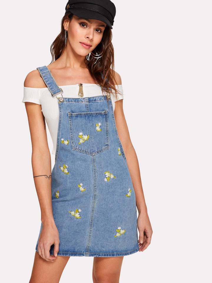 Romwe Botanical Embroidered Overall Denim Dress