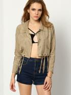 Romwe Lapel Fringe Pockets Suede Jacket