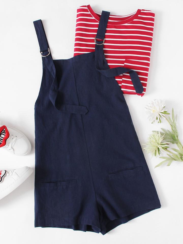 Romwe Pocket Front D-ring Adjustable Strap Overalls