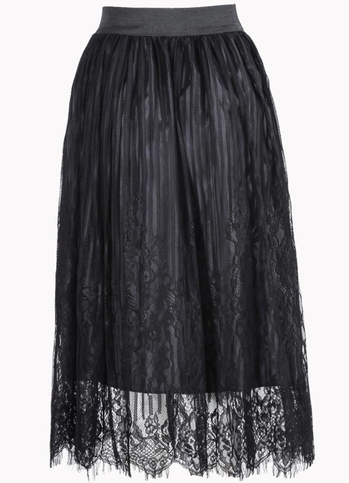 Romwe Lace Mesh Pleated Black Skirt