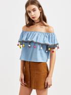 Romwe Blue Embroidered Tape And Pom Pom Trim Off The Shoulder Top