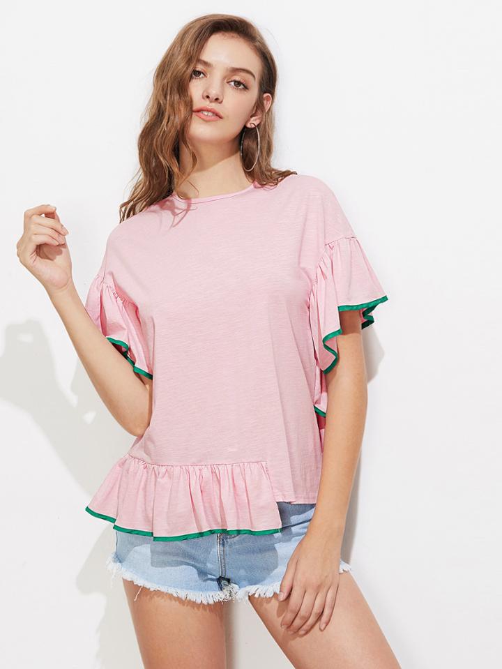 Romwe Contrast Binding Frill Trim Stepped Hem Slub Tee