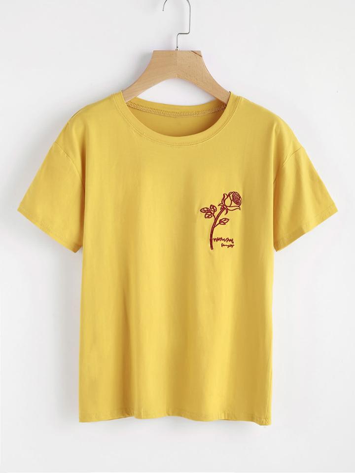Romwe Rose And Letter Embroidered Tee