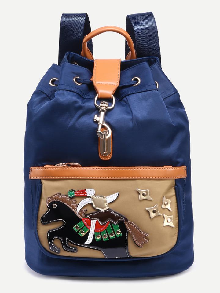 Romwe Navy Horse Patch Drawstring Backpack With Clasp Closure