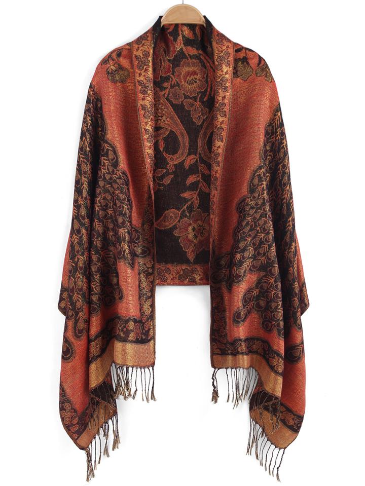 Romwe Vintage Print Tassel Black Scarf