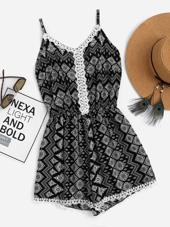 Romwe Geo Print Crochet Lace Trim Cami Romper