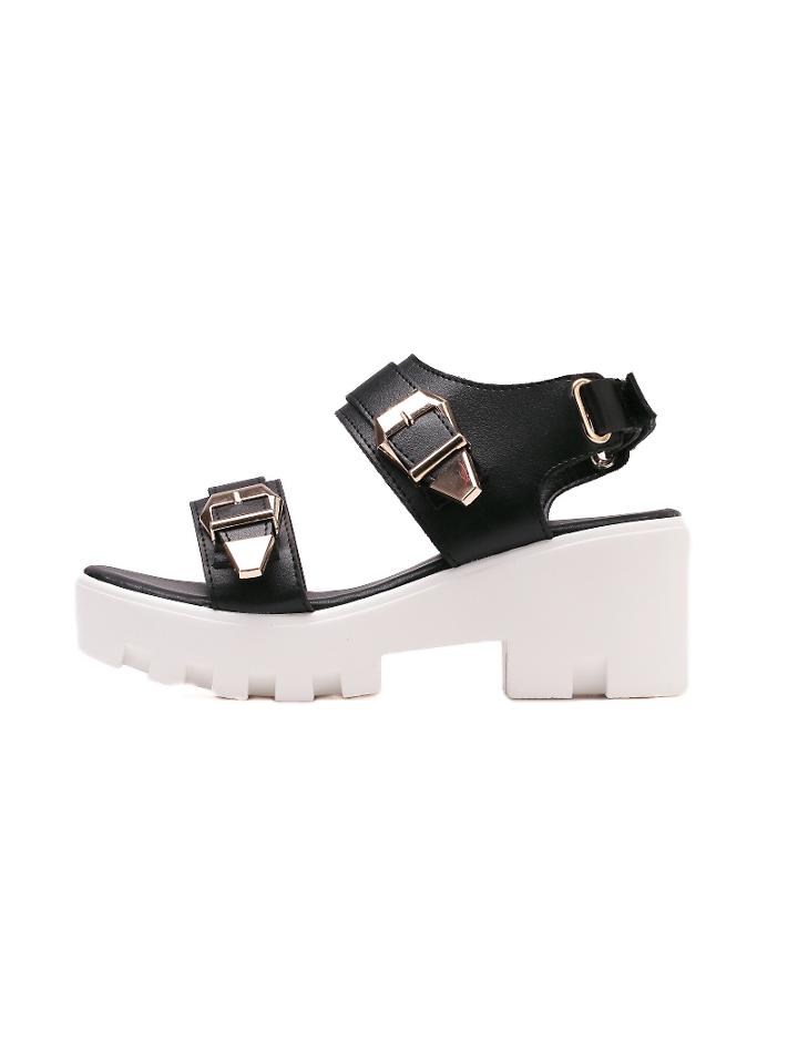 Romwe Strappy Buckled Chunky Platform Black Sandals
