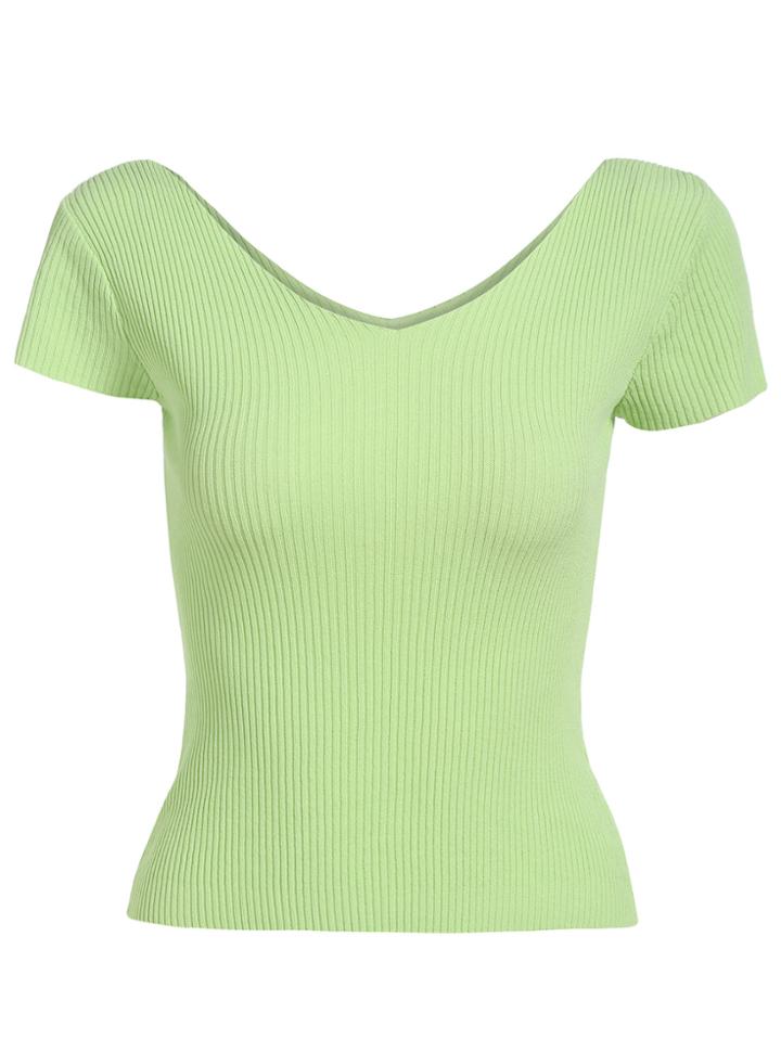 Romwe V Neck Short Sleeve Slim Green Sweater