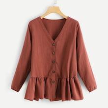 Romwe Plus Solid Button Decoration Ruffle Hem Blouse