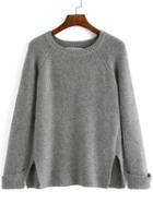 Romwe Grey Round Neck Split Loose Sweater
